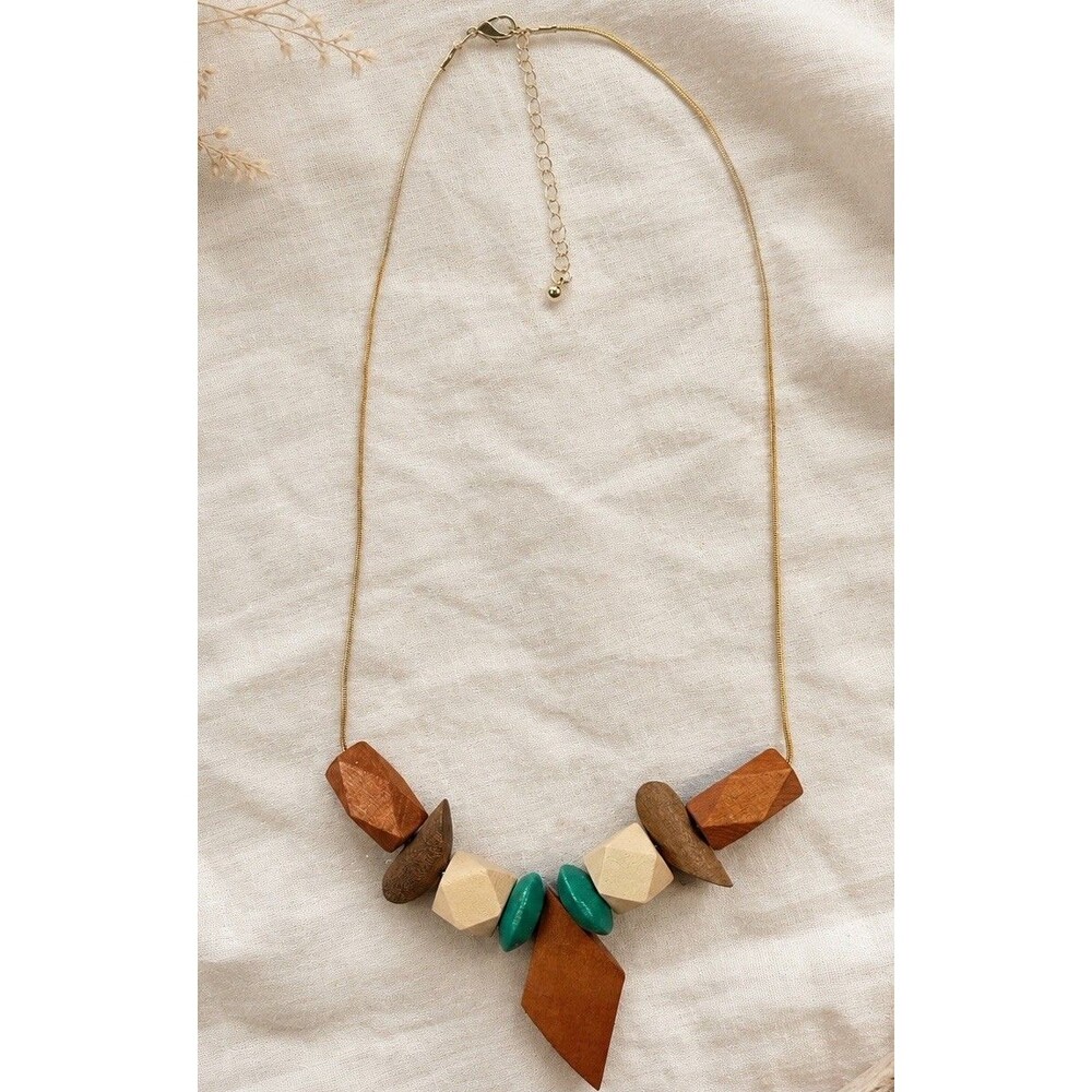 Vintage Geometric Wood Bead Necklace Teal Brown Boho Modernist Statement